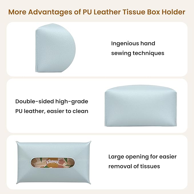 Long Tissue Box Cover, PU Leather Tissue Holder Rectangle, Facial Paper Organizer, Modern Dispenser for Bathroom, Kitchen, Home, Office, Tabletop (1, Sky Blue, Short)