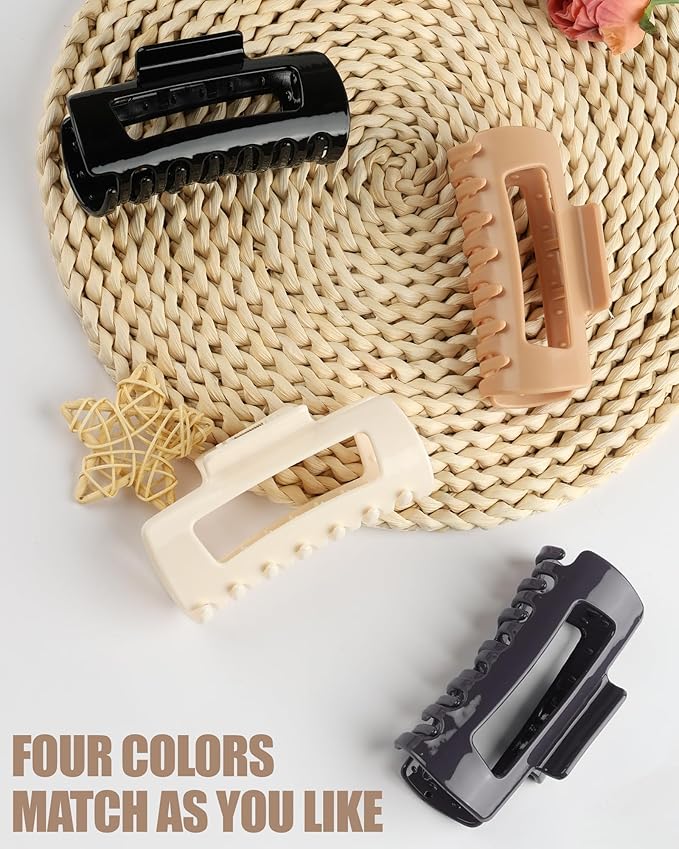 Soft & Flexible Hair Claw Clip 4-Pack, Large Squishy Claw Clips for Thick Hair, Lightweight Volumizing Hair Clips, Strong Hold Non-Slip Hair-Pins for Women Daily Use（Black+Gray+Coffee+White）