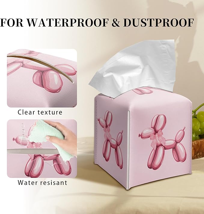 Grace Yonks Cute Tissue Box Cover Square - Pink Balloon Dog & Bow Design 5.2" PU Leather Holder for Vanity, Desk, or Bathroom Counter - Cube Case for Facial Tissues(011)