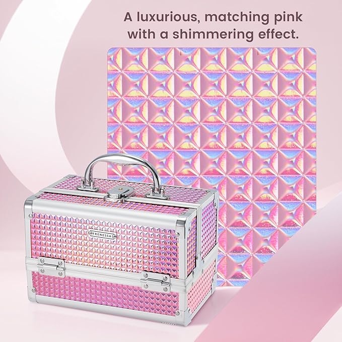 FRENESSA Makeup Train Case Makeup Box Organizer Portable Cosmetic Travel Case Makeup Case with Mirror Locking Make Up Cases Organizers and Storage for Nail Supplies Hard Cosmetic Box Shiny Pink