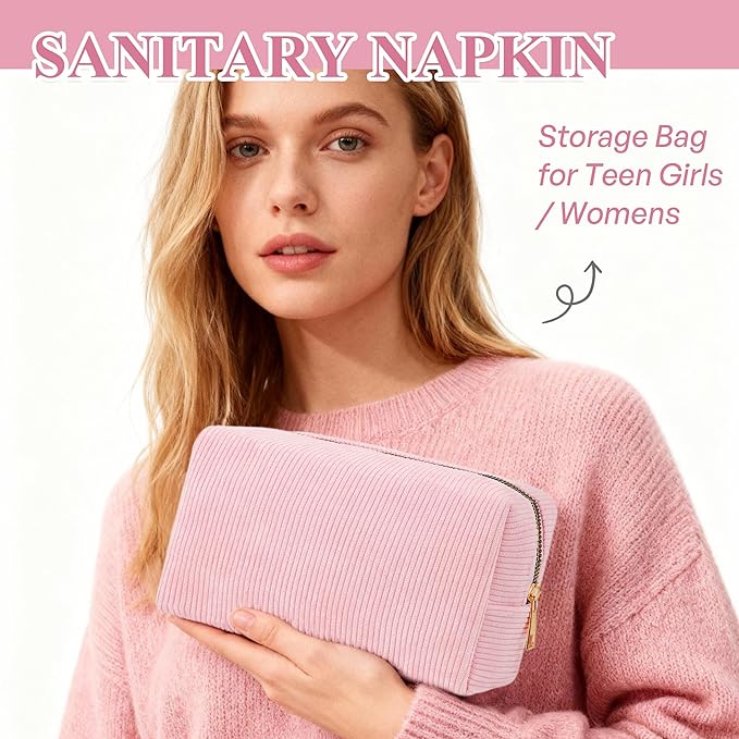 Corduroy Sanitary Napkin Storage Bag 2 PCS Period Bags For Teen Girls, First Period Pad Pouches Tampon Holder for Purse with Zipper