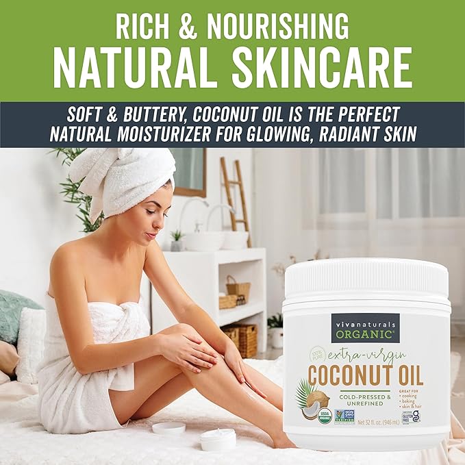 Viva Naturals Organic Coconut Oil, 32 fl oz – Unrefined, Cold-Pressed Extra Virgin Coconut Oil, USDA Organic & Non-GMO, Natural Cooking Oil, Hair Oil & Skin Oil