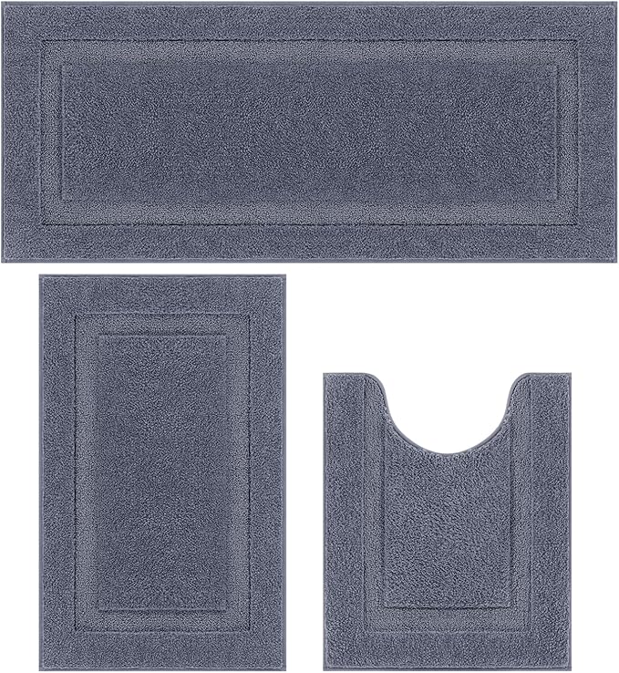 SHACOS Dark Grey Bathroom Rugs Sets 3 Piece, 20"x47" +20"x32" Non Slip Bath Mat and 20"x24" Toilet Rugs U Shaped Washable, Soft Fluffy Water Absorbent Bathroom Floor Mat
