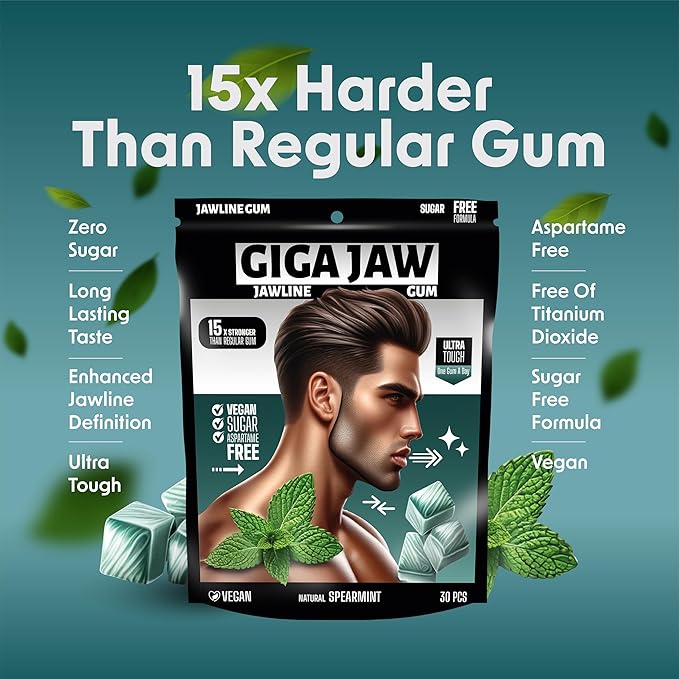 GigaJaw Jawline Gum - 15X Hardness for Effective Facial Exercise- Mewing Jaw Gum | Mint Flavor | Sugar-Free, Calorie-Free | Pack of 30 Pieces