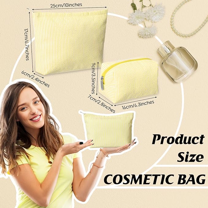 2 Pcs Makeup Bag Set Cute Cosmetic Pouch for Women Seersucker Travel Toiletry Bag Preppy Small Makeup Purse Pouch Aesthetic Skincare Brushes Storage Organizer for Valentine Women(Yellow)