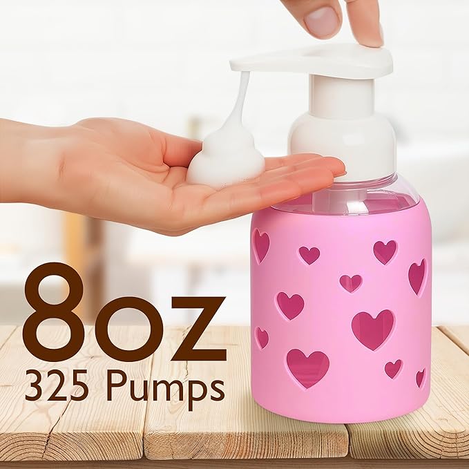 SoCal Suds & Company Foaming Hand Soap Dispenser Glass, Liquid Soap Pump with Heart Silicone Sleeve, Refillable Bottle for Kids, Baby Wash & Shampoo, Ideal for Bathroom & Kitchen Use, Bright Pink, 8oz