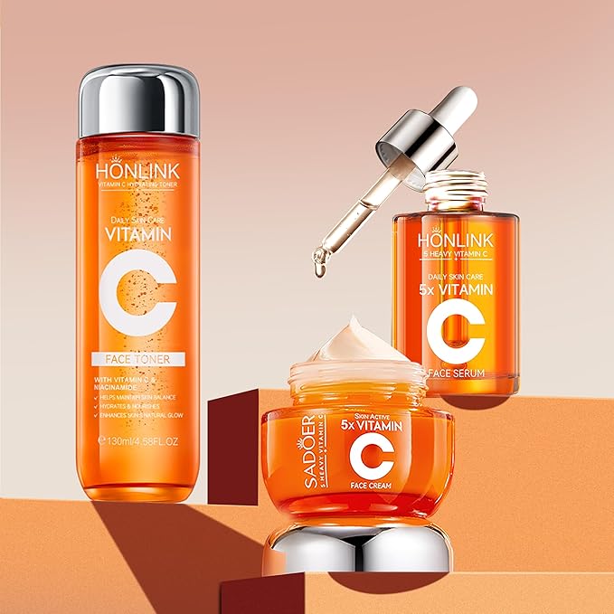 Vitamin C Skincare Trio: Face Serum, Moisturizing Cream & Hydrating Toner, 5X Vitamin C with Hyaluronic Acid, Complete Daily Routine to Refresh & Nourish Skin, For All Skin Types