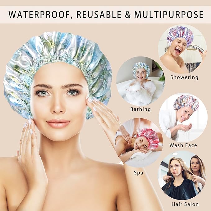 4 PCS Shower Caps for Women, Printing Bath Caps, Double Layers Shower Cap Reusable Waterproof, Bathing Shower Caps, Environmental Protection Hair Bath Hat - Flower