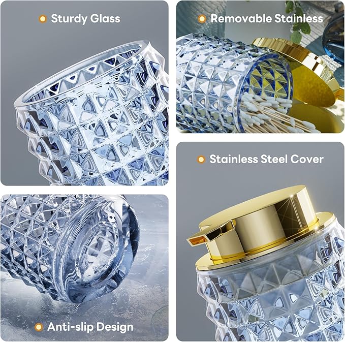 Bathroom Sets with Shower Curtain and Rugs and Accessories, Glass Bathroom Accessories Set Blue Bathroom Set Bathroom Sets, Blue Bath Mat and Diamond Soap Dispenser for Bathroom Decor