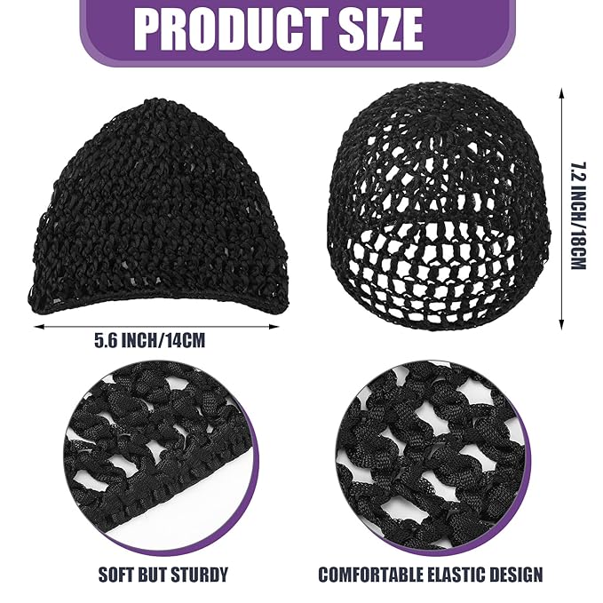 Geyoga 4 Pieces Mesh Crochet Hair Net Rayon Knit Snood Hat Thick Short Women Hairnet Snoods Cover Ornament for Sleeping (Black, Red, Skin, Purple)