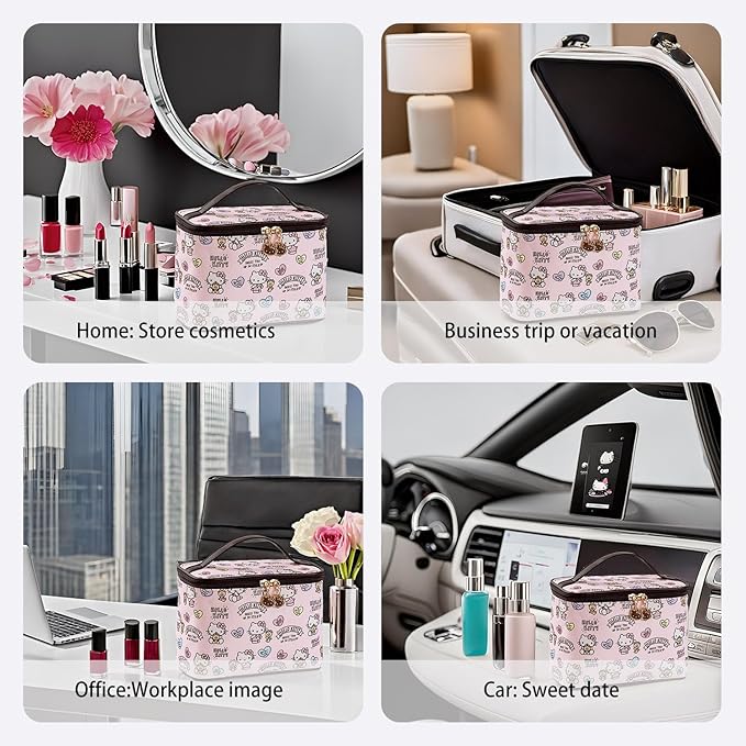 AmBealla Cosmetic Bag Large Makeup Bag Pink Makeup Travel Case with Brush Holder,Canvas Organizer for Women,Toiletry Bag for Skincare&Beauty Tools Sweet Cute for Girls