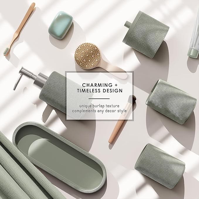 Clara Clark Bathroom Set - Sage Green Bathroom Accessories Set, 5PC Bathroom Accessory Set, Bathroom Sets with Soap Dispenser, Toothbrush Holder, Tumbler, Cotton Swab Jar & Vanity Tray