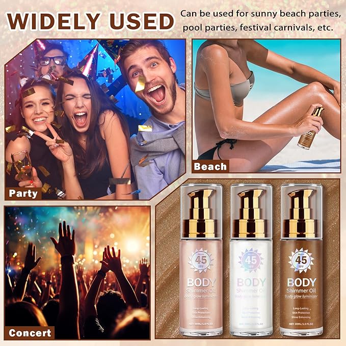 Body Glow Oil,SPF 45 Broad Spectrum,Moisturizing Shimmer Body Oil,Bronzer for Women and Men,Lightweight Non-Sticky Shimmer Sunscreen,Absorbs Quickly,03 Glistening Bronze