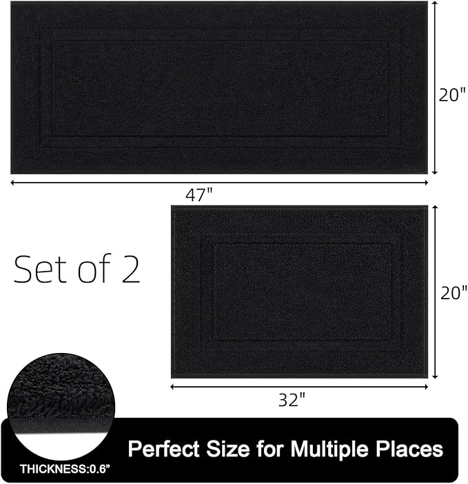 SHACOS Super Soft Black Bathroom Runner Rugs Set of 2 Pieces 47x20 + 32x20 inch Non Slip Washable Bath Mats Fluffy Absorbent Bath Rugs for Bathroom Shower Tub