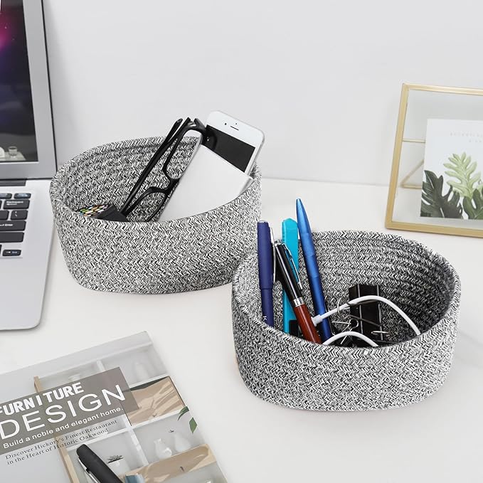 【2 Pack】ABenkle Small Woven Baskets, Tiny Oval Shallow Storage Baskets, Mini Cotton Rope Empty Decorative Basket, Boho Little Organizer Bins for Bathroom, Cat Dog Toy Gifts Baskets