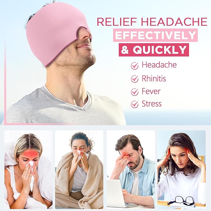 Migraine Relief Cap, Headache Relief Hat for Migraine Cap, Hot and Cold Therapy, Headache Eyes Mask for Stress Relief, Ice Pack Head Wrap for Sinus, Puffy Eyes, Tension, Light Pink