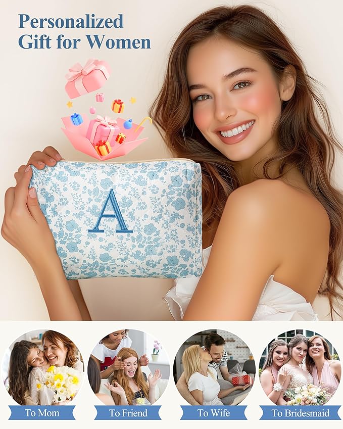 HBselect Initial Quilted Makeup Bag, Cotton Large Travel Makeup Bag, Cute Floral Coquette Make up Bag Cosmetic Bag Toiletry Bag for Women Girls T