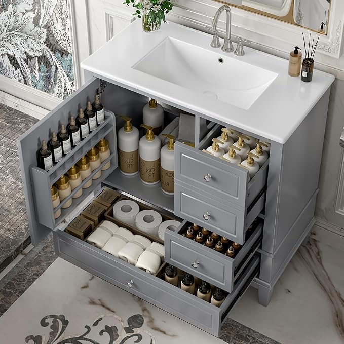 Harper & Bright Designs 36" Bathroom Vanity with Sink, Free Standing Single Vanity Set with 3 Drawers and One Door with Storage Racks, Wooden Storage Cabinet with Ceramic Basin for Bathroom, Grey