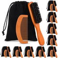 10 Sets Natural Boar Bristle Brush, Pear Wood Dual Sided Wide Tooth Comb with Travel Pouch - Beard Grooming Kit for Men's Beard Care, Valentine Gift (Long Handle)