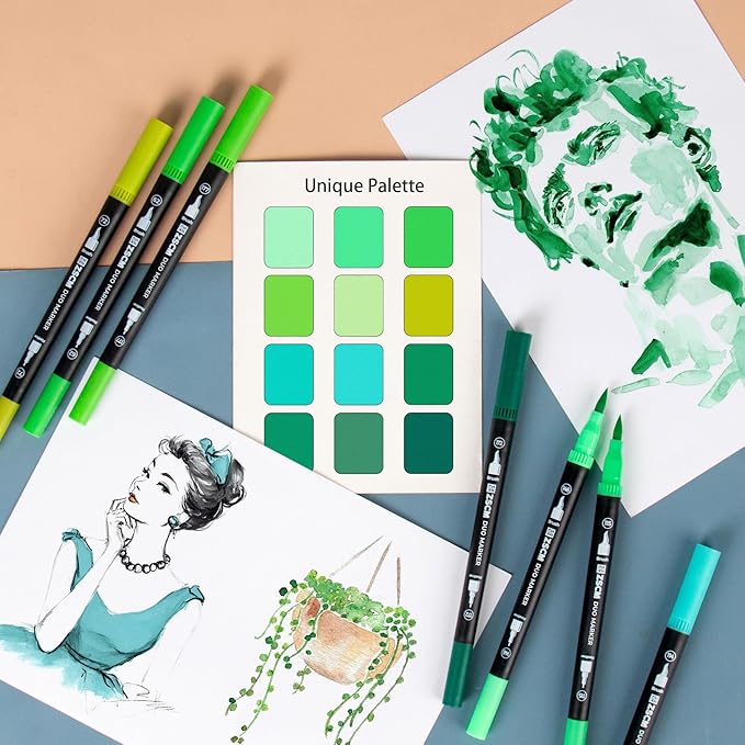 Green Duo Tip Marker Pens, 12 Pack Fine & Brush Markers for Adult Coloring Books No Bleeding, Nature Green Markers for Foliage, Landscape Drawings, Botanical Illustrations and Eco Designs