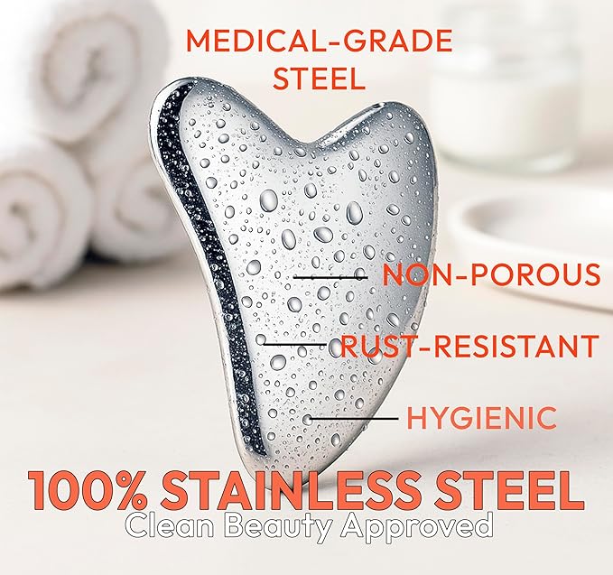 Stainless Steel Gua Sha Tool for Face & Neck – Facial Massage Tool for Lymphatic Drainage, Depuffing, Jawline Sculpting & Skincare Routine – Hygienic Metal Face Sculpting Tool