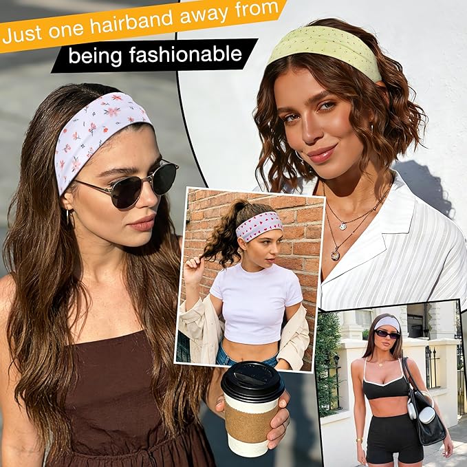 8 Pack Headbands for Women Non Slip - Stylish Sports Hair Bands for Women's Hair - Soft Cotton Cloth Stretchy Headbands for Women for Yoga, Outdoor Exercise Running