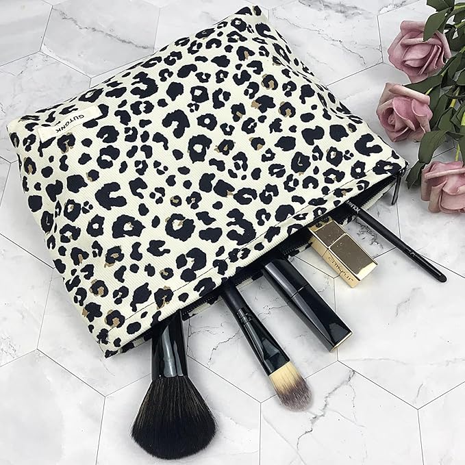 GUTGNK Corduroy Ladies Cosmetic Bag, Large Capacity Canvas Cosmetic Bag Travel Toiletry Bag Accessories Organizer, Black Spot Leopard Print