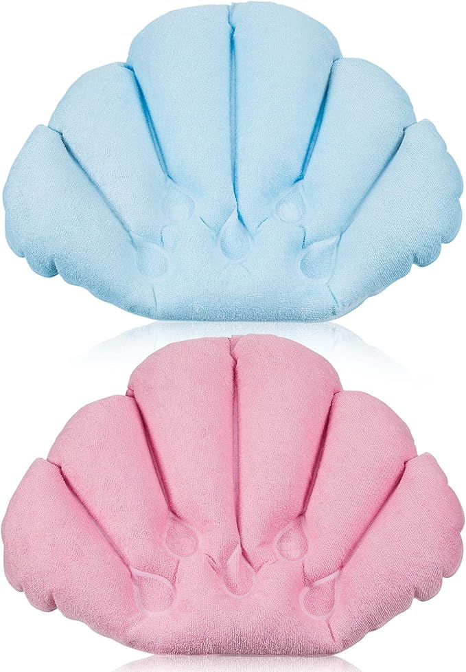 2 Pieces Inflatable Bath Pillow with Suction Cups, Terry Cloth Covered Bath Pillow Shell Shape Bathtub Spa Pillow Comfortable Soft Bath Cushion, Neck Support for Bathtub, Hot Tub, Home Spa Tub
