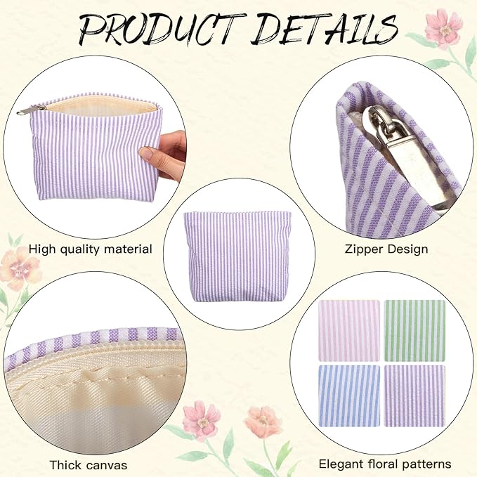 Abbylike 4 Pcs Small Makeup Bag Corduroy Cosmetic Pouch with Zipper Portable Little Bags for Purse Mini Pouch Cute Makeup Purse for Coin Essentials Items Women(Striped)