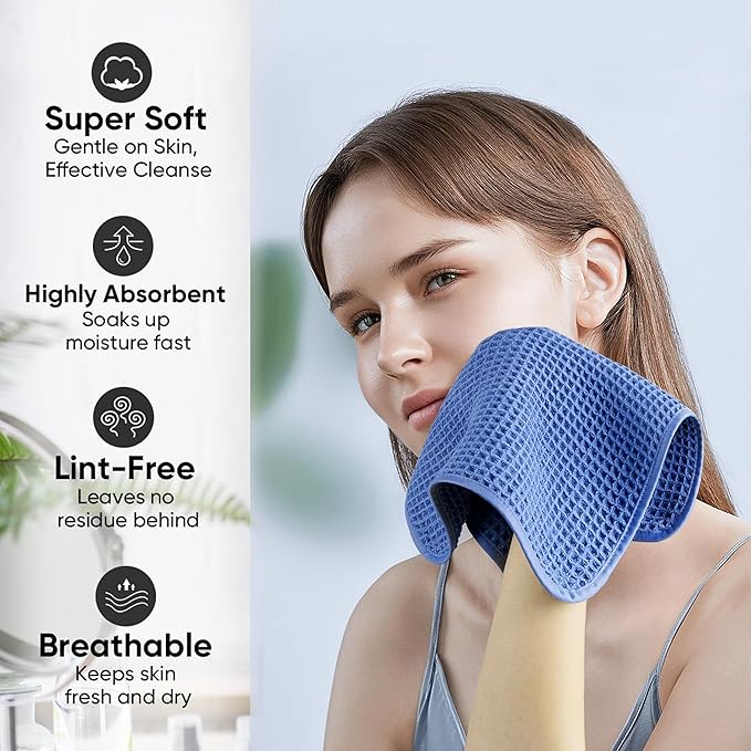 Microfiber Waffle Face Towels, 4 Pieces, Soft, Absorbent, Fast Drying, Lint Free 430 GSM (Dark Blue)