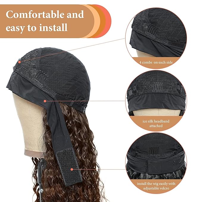 XSY Deep Wave Headband Wig Human Hair Highlight Ombre Headband Wigs for Black Women Curly Headband Wig 4/27# 150% Density 24 Inch