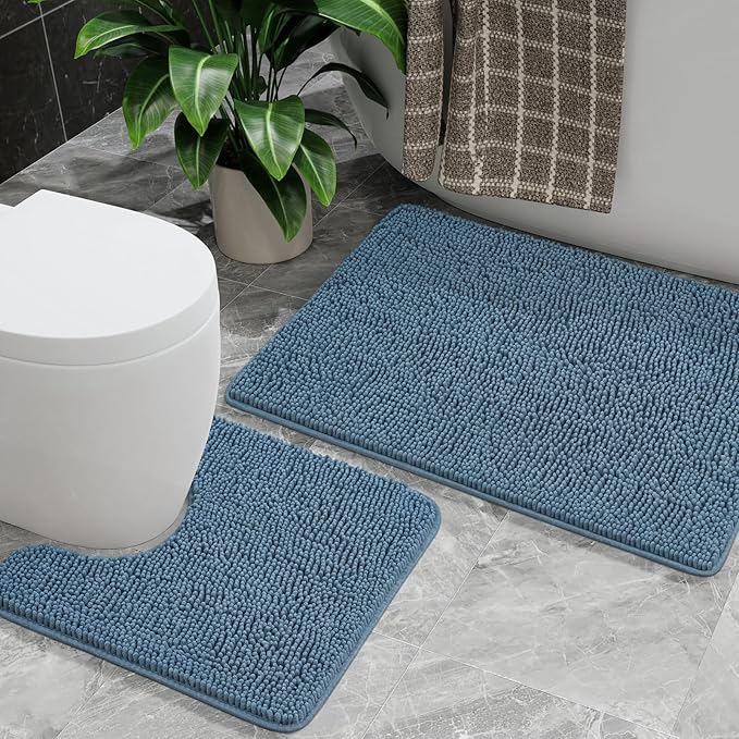 AROGAN Bathroom Rug Sets 2 Piece, 20"x20" U-Shaped Toilet Mat and 21"×34" Bath Mats Floor Set, Washable Bath Rug Set, Absorbent Soft Non Slip Bathroom Rug, Denim Blue