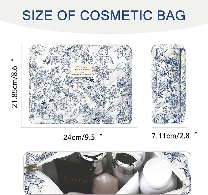 Floral Makeup Bag, Small Cosmetic Bag for Women Girls, Cute Cotton Makeup Bag, Quilted Makeup Bags, Flower Travel Toiletry Organizer Bag(Navy Blue)