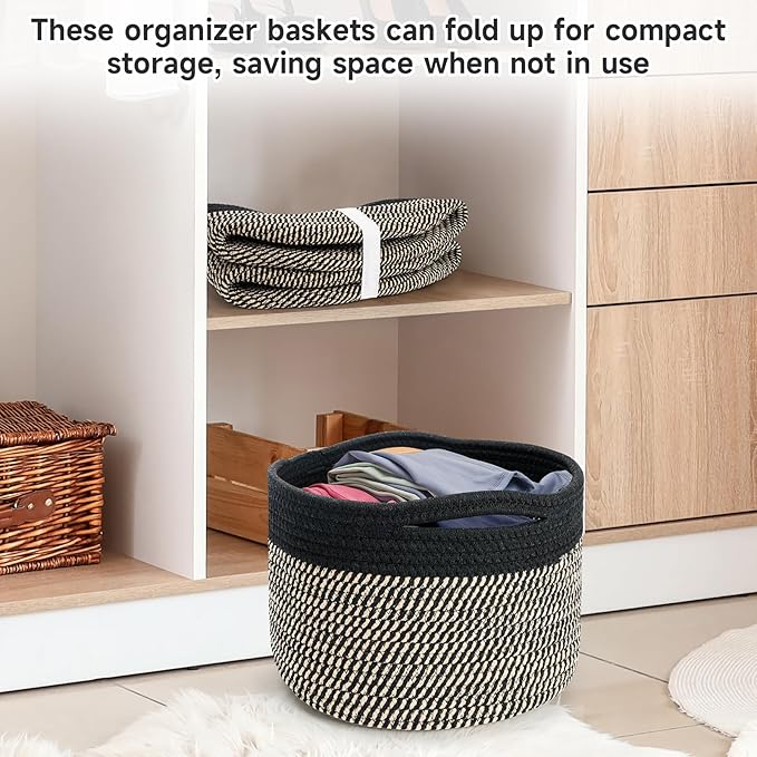 Small Rope Baskets for Storage, Baskets for Gifts Empty, Cute Round Woven Basket, Decorative Shelf Baskets 9.82×9.82×7.1", Cotton Toy Basket Storage Bins for Organizer 3 Packs-Brown+Black