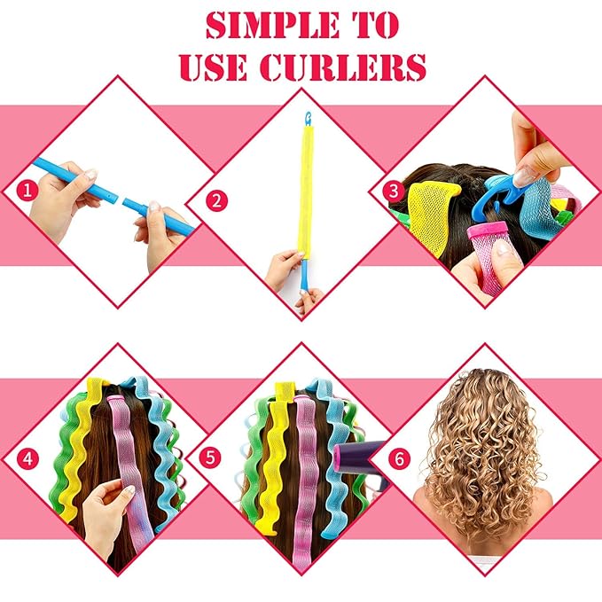 30 Pieces Heatless Waves Curlers Spiral Curls Styling Kit No Heat Hair Waver Spiral Curlers Rollers with 2 Pieces Styling Hooks for Most Hairstyles (30 cm)