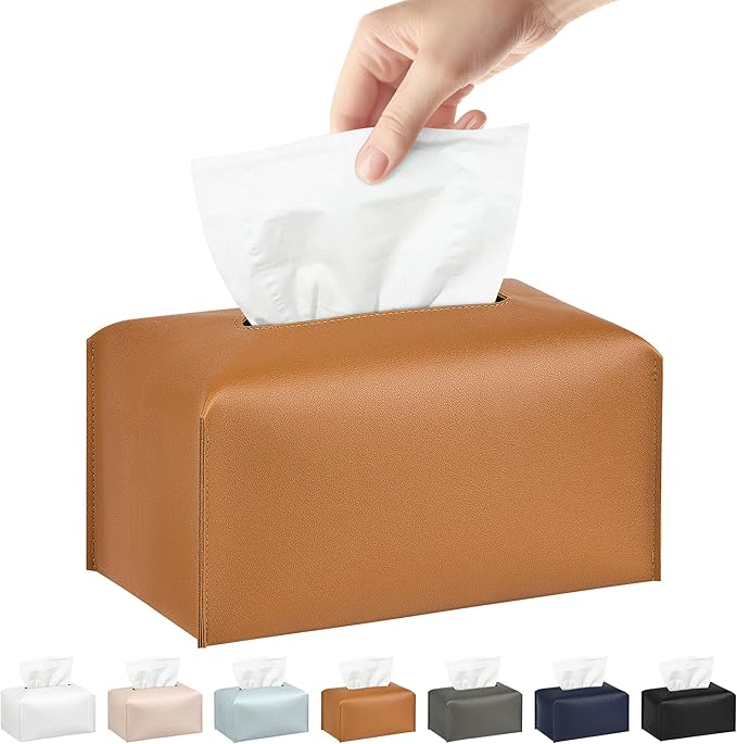 Long Tissue Box Cover, PU Leather Tissue Holder Rectangle, Facial Paper Organizer, Modern Dispenser for Bathroom, Kitchen, Home, Office, Tabletop (1, Brown, Tall)