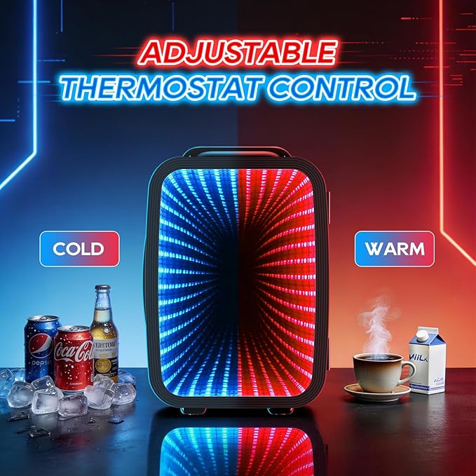 Mini Fridge, 4L/6 Can Small fridge with Dimmable Gaming Light for Bedroom,Office,Gaming room and Car,AC/DC Portable Thermoelectric Cooler & Warmer for Food, Drinks, Skincare,Black