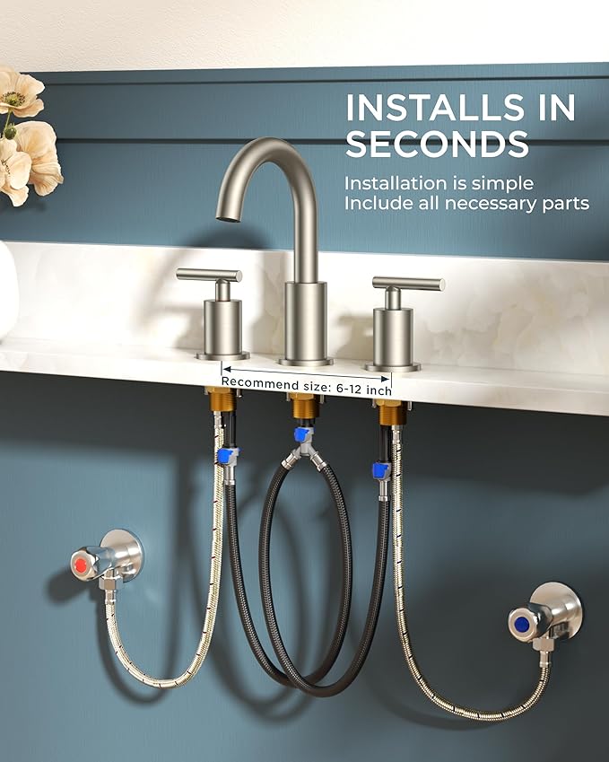 FORIOUS Brushed Nickel Bathroom Faucet 3 Hole with Metal Pop Up Drain and 24" Supply Hose, 2 Handle 8 Inch Widespread 3 Hole Vanity Faucet for Bathroom Sink Brush Nickel with 360° Swivel Spout