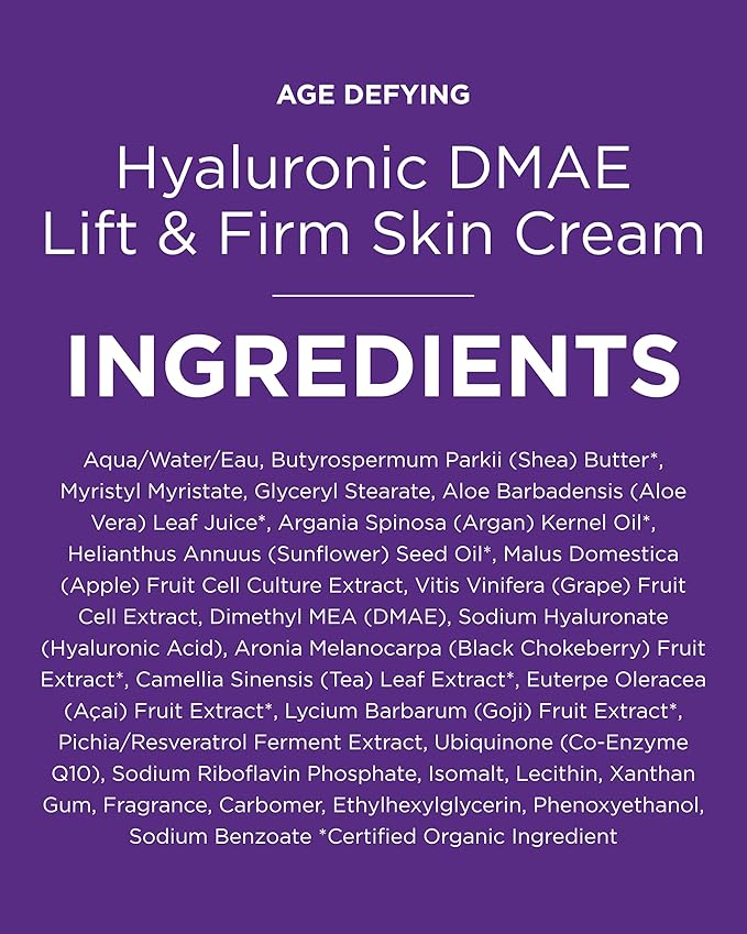 Andalou Naturals Hyaluronic DMAE Lift & Firm Skin Cream | Anti Aging Face Moisturizer with Hyaluronic Acid | Helps Reduce Fine Lines & Wrinkles | 1.7 oz