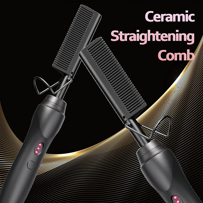 Electric Hot Comb Hair Straightener - Pressing Combs, Ceramic Hair Straightening Comb, Curling Iron for Natural Black Hair Men Beard or Holiday Gift - Black