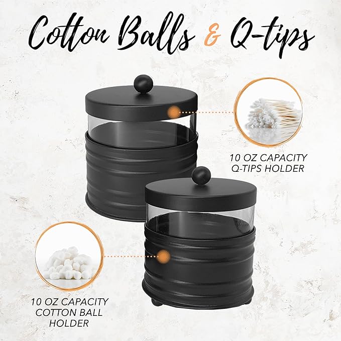 Autumn Alley Adorable 3 Piece Modern Farmhouse Bathroom Accessory Set for Sink/Vanity - Matte Black Soap Dispenser, Cotton Ball Container with Lid, Qtip Organizer – Rustic Farmhouse Bathroom Decor