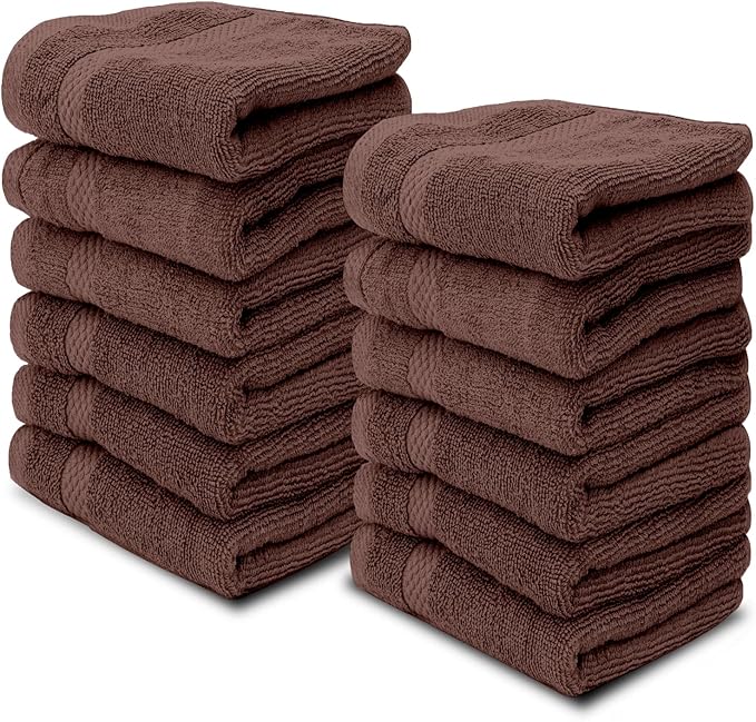 White Classic Luxury Cotton Washcloths 13x13 Inch - 650 GSM Turkish Cotton | Hotel, Spa, Bathroom Face Towel | 12 Pack, Brown