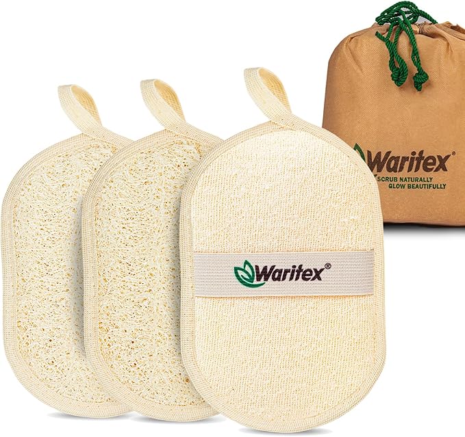 Waritex Natural Loofah Body Scrubber - All Natural Loofah Sponge with Hand Strap, Exfoliating and Gentle Cleansing for Face and Body, Bath Scrubber for Men and Women, 3 Count (1 Pack)