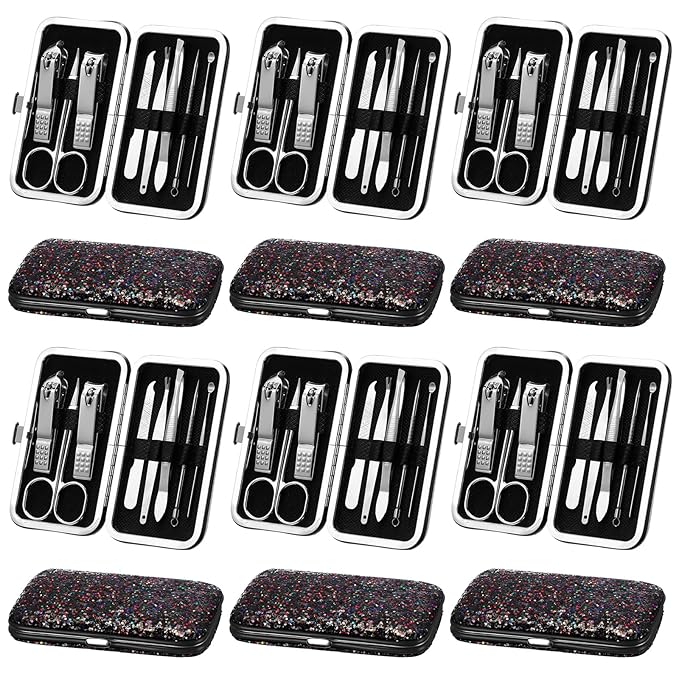 Geosar 12 Set 8 in 1 Manicure Set Stainless Steel Nail Clippers Kit Pedicure Care Tools with Leather Case Travel Grooming Kit Gift for Women Men Gift(Glitter Dark Red)