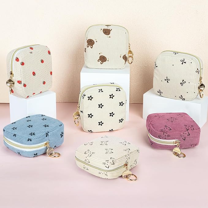 Period Bag for Teen Girls, Corduroy Cute Cats Sanitary Napkin Storage Bag, Menstrual Pad Pouches Tampon Holder for Purse (Pink)