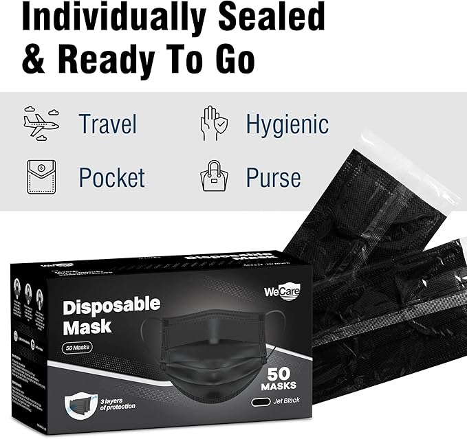 WECARE Disposable Face Mask Individually Wrapped - 50 Pack, Printed Masks - 3 Ply