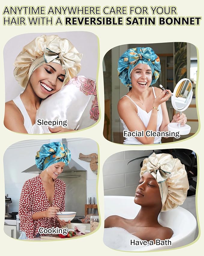 Satin Bonnet Silk Hair Wrap for Sleeping - Reversible Cap with Tie Band Night Cap Double Layer for Curly Hair (Lake Blue Leaves + Champagne)