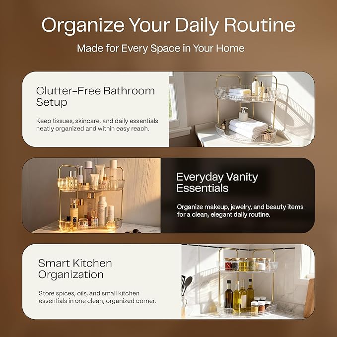 2-Tier Acrylic Corner Bathroom Organizer with Handle – Round Skincare & Makeup Storage Tray, Waterproof, Lightweight, Heat Resistant Vanity Shelf for Countertop, Kitchen, Bedroom, Dresser