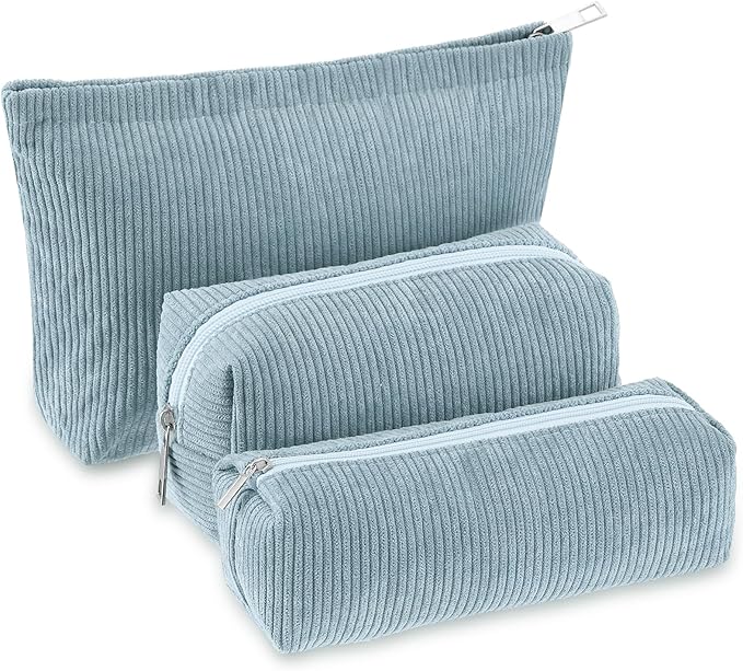 3 Pcs Makeup Bag Set for Women Corduroy Cosmetic Pouch Aesthetic Smile Travel Toiletry Bag Cute Purse Pouch Pencil Case Makeup Brushes Storage Organizer with Zipper(Blue,Solid Style)