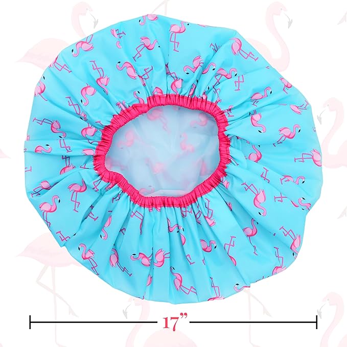 Reusable Shower & Bath Cap & Lined, Oversized Waterproof Shower Caps Large Designed for all Hair Lengths with PEVA Lining & Elastic Band Stretch Hem Hair Hat - Fashionista Flamingo Party